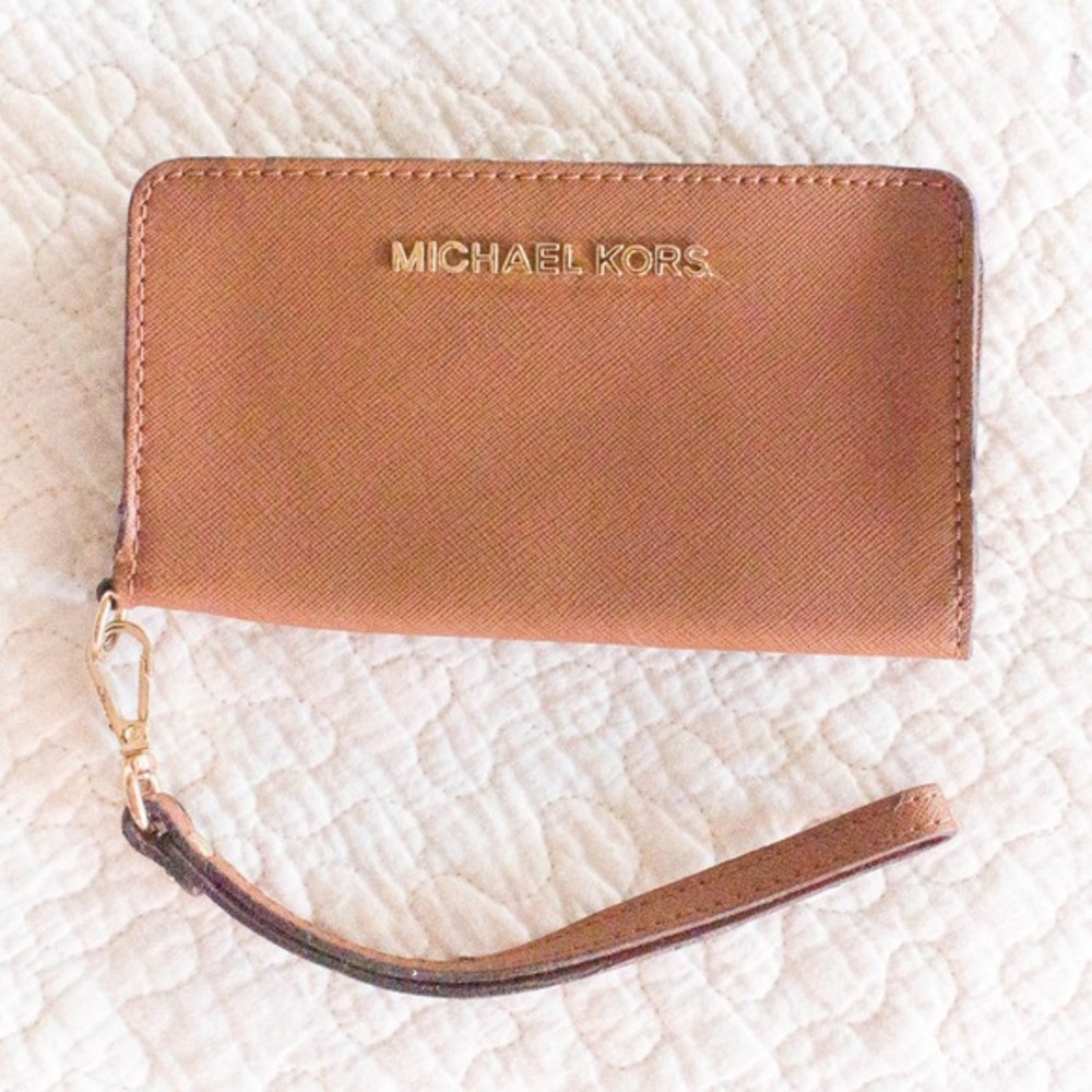 Michael Kors Leather Wallet Wristlet Cider Brown & Gold Neutral